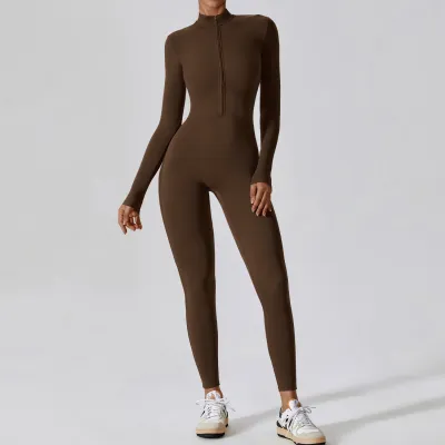 Women Fashion Casual Solid Color Long-Sleeve Zipper Tight Sports Jumpsuits
