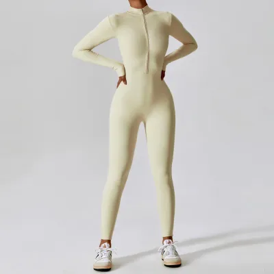 Women Fashion Casual Solid Color Long-Sleeve Zipper Tight Sports Jumpsuits