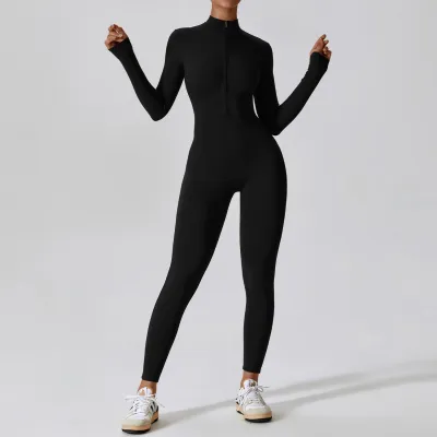 Women Fashion Casual Solid Color Long-Sleeve Zipper Tight Sports Jumpsuits