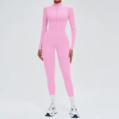 Women Fashion Casual Solid Color Long-Sleeve Zipper Tight Sports Jumpsuits
