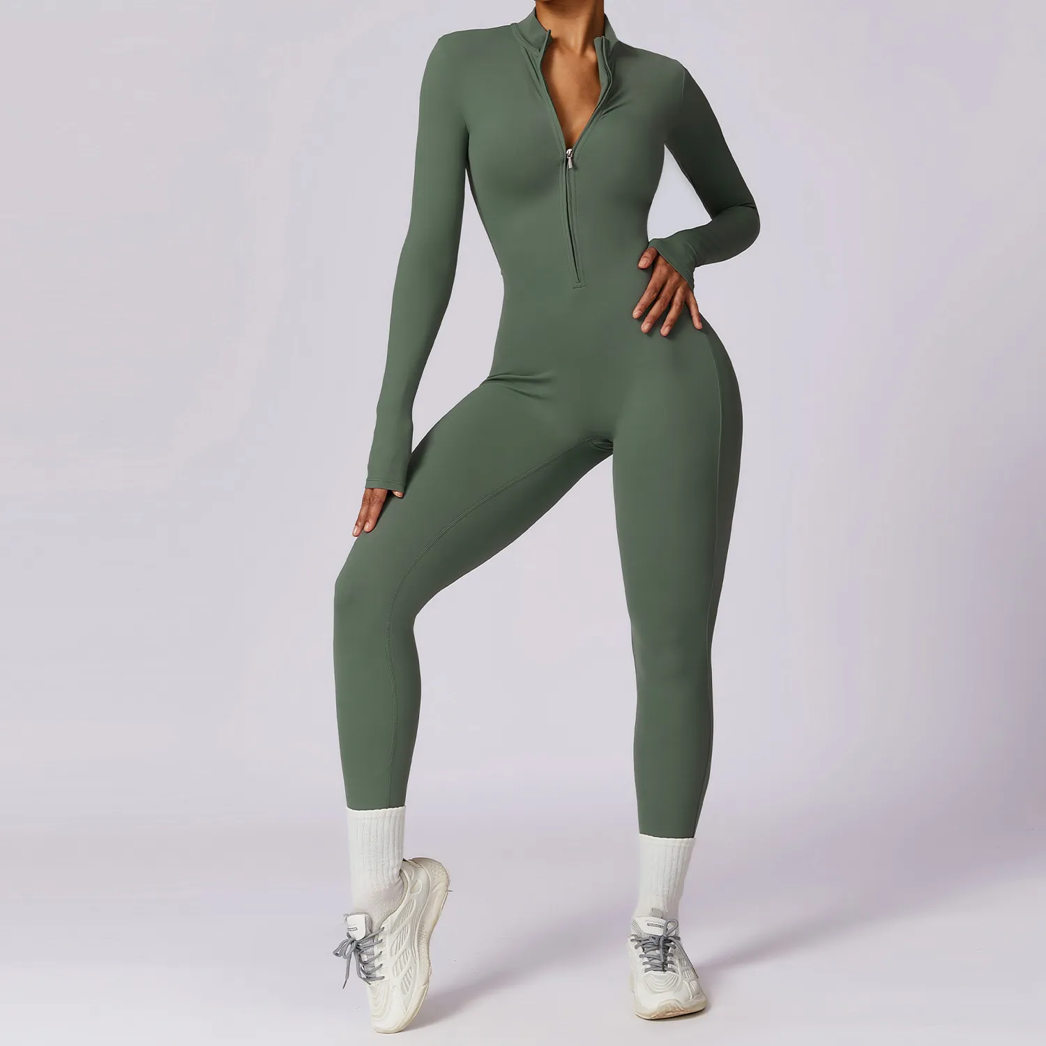 Women Fashion Casual Solid Color Long-Sleeve Zipper Tight Sports Jumpsuits