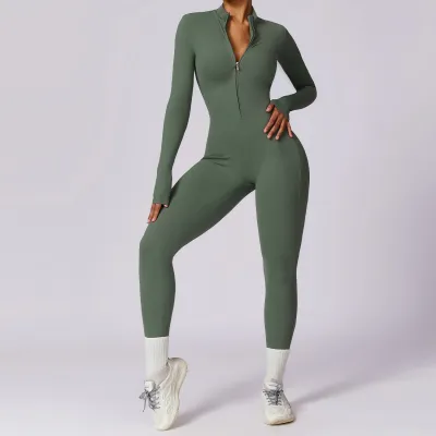 Women Fashion Casual Solid Color Long-Sleeve Zipper Tight Sports Jumpsuits