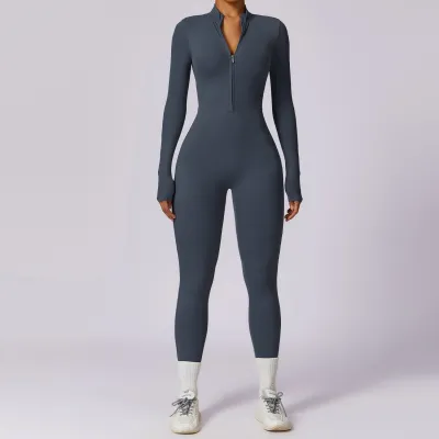 Women Fashion Casual Solid Color Long-Sleeve Zipper Tight Sports Jumpsuits