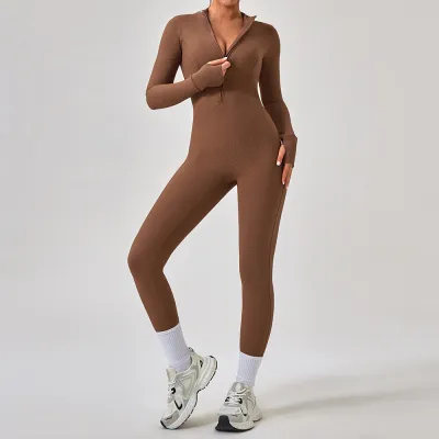 Women Fashion Casual Solid Color Long-Sleeve Zipper Tight Yoga Sports Jumpsuits