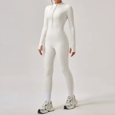 Women Fashion Casual Solid Color Long-Sleeve Zipper Tight Yoga Sports Jumpsuits
