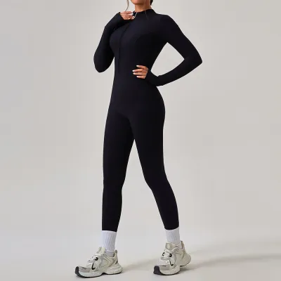 Women Fashion Casual Solid Color Long-Sleeve Zipper Tight Yoga Sports Jumpsuits