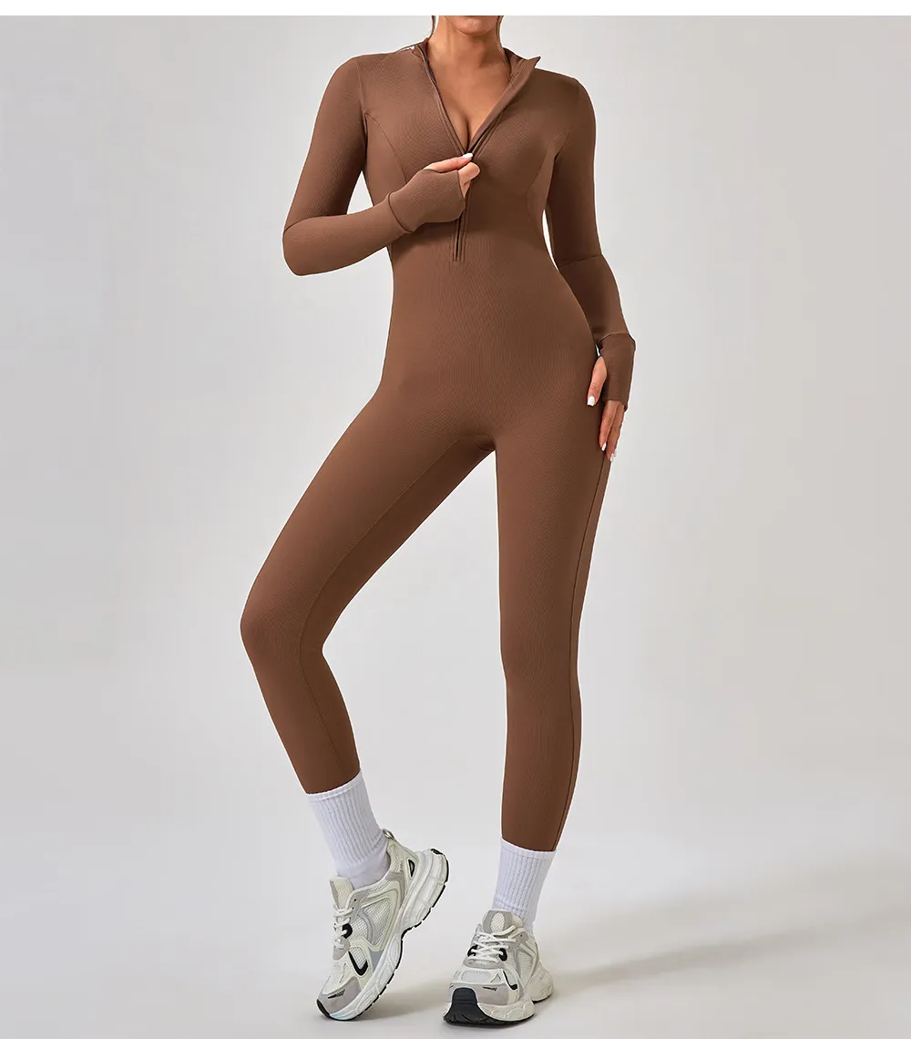 Women Fashion Casual Solid Color Long-Sleeve Zipper Tight Yoga Sports Jumpsuits