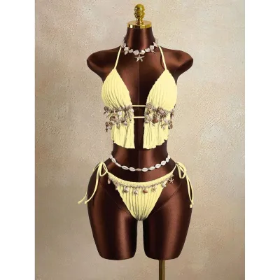 Women Fashion Sexy Solid Color Shell Decoration Lace-Up Bikini Swimsuit