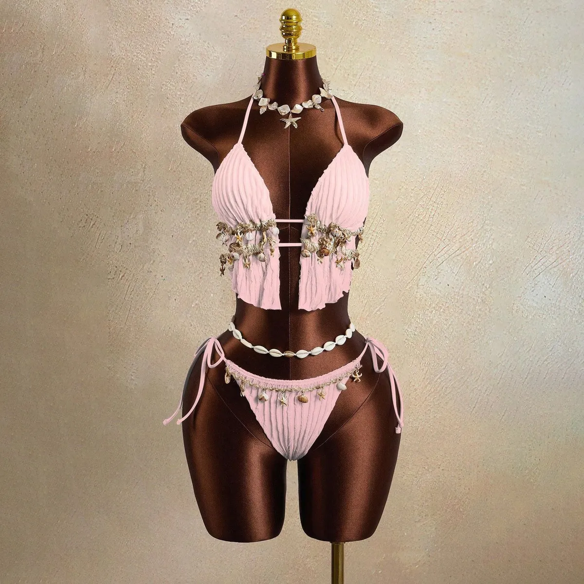 Women Fashion Sexy Solid Color Shell Decoration Lace-Up Bikini Swimsuit