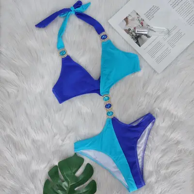 Women Fashion Sexy Color Block Rhinestone One-Piece Swimsuit
