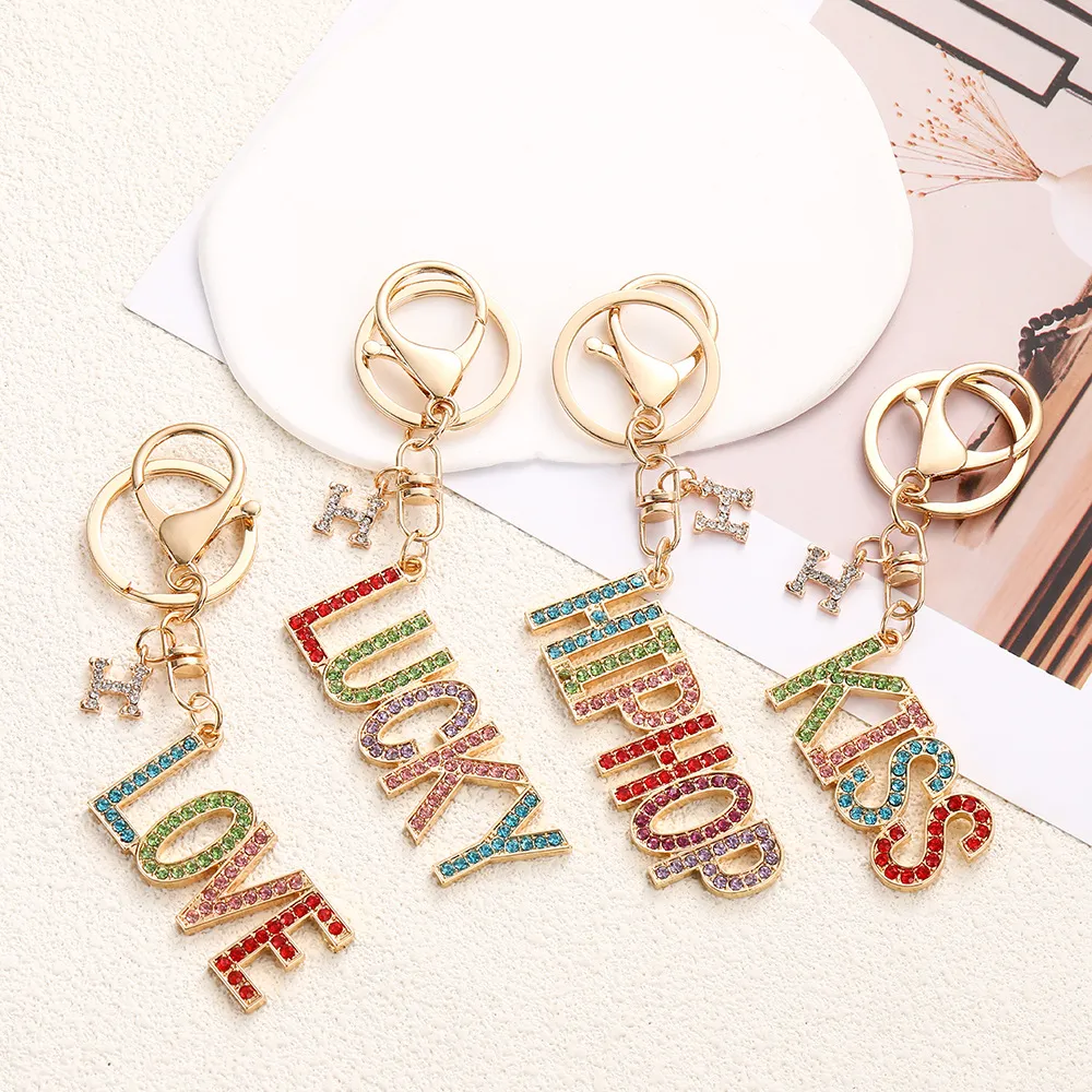 Women Fashion Multicolor Rhinestone Letter Bag Keychains Zinc Alloy