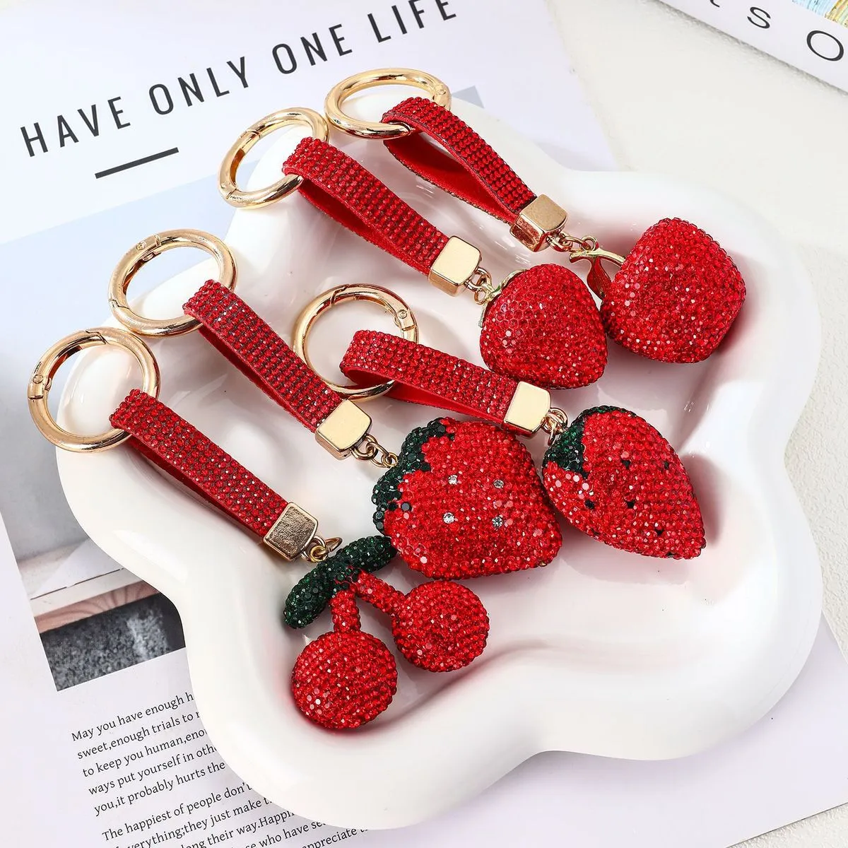 Women Fashion Cute Rhinestone Fruit Pendant Keychain