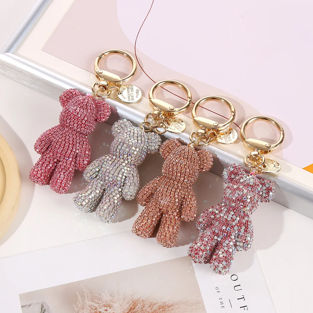 Women Fashion Creative Cartoon Rhinestone Bear Doll Bag Keychains