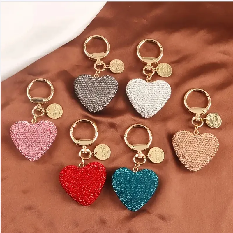 Women's Fashion Solid Color Rhinestone Love Car Bag Keychain