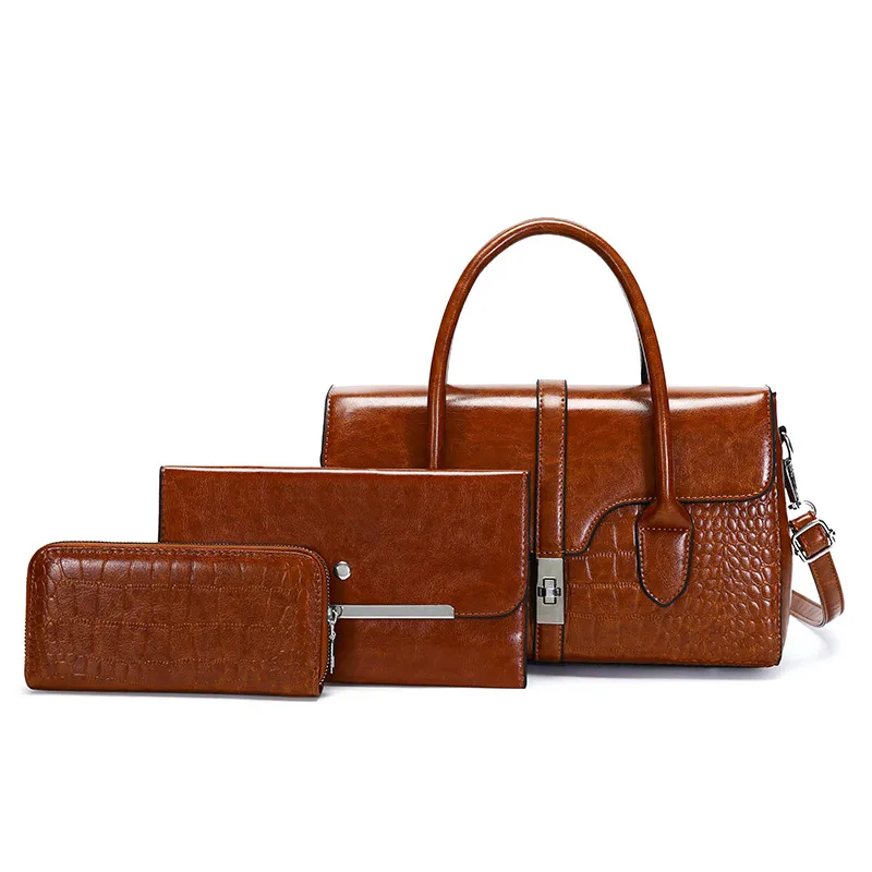Women Fashion Patent Leather Embossed Handbag Three-Piece Set