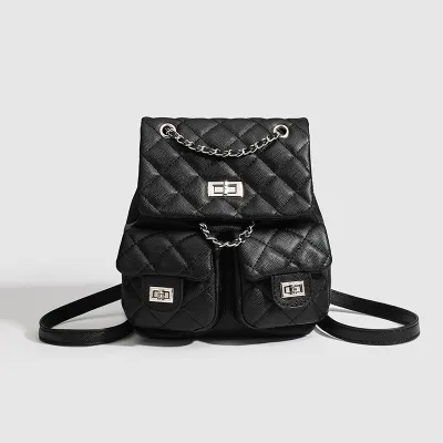 Women Fashion Casual Solid Color Chain Small PU Backpack with Locking Clasp