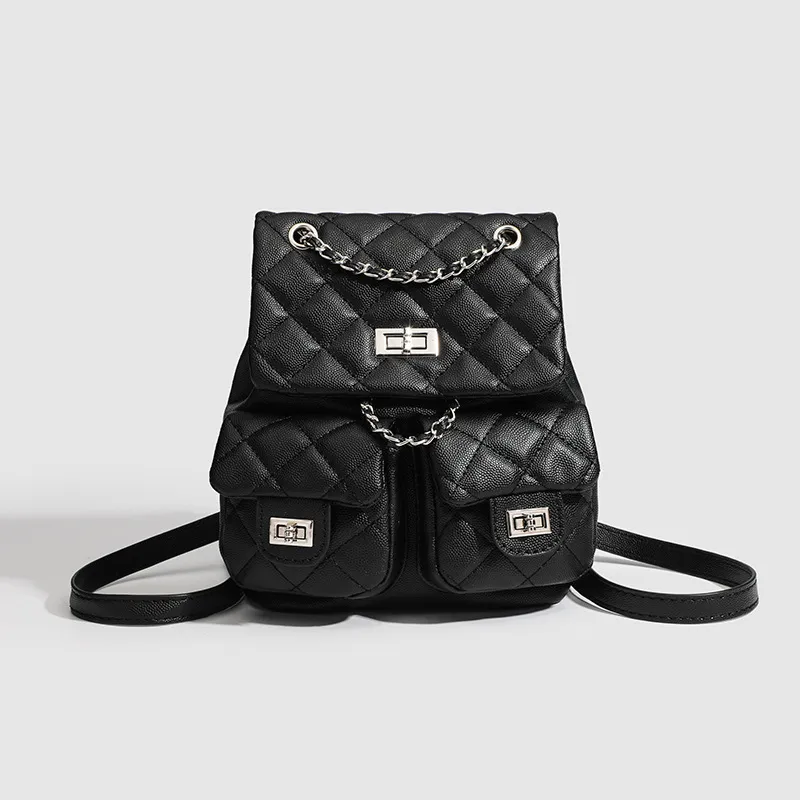 Women Fashion Casual Solid Color Chain Small PU Backpack with Locking Clasp