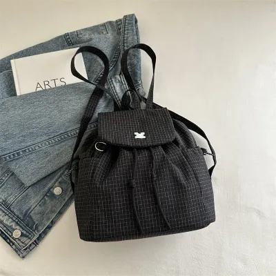 Women Fashion Casual Plaid Drawstring Large Capacity Nylon Backpack