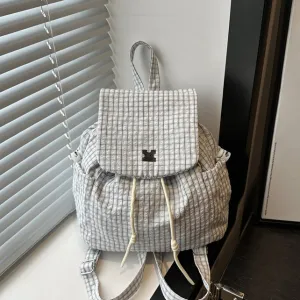 Women Fashion Casual Plaid Drawstring Large Capacity Nylon Backpack