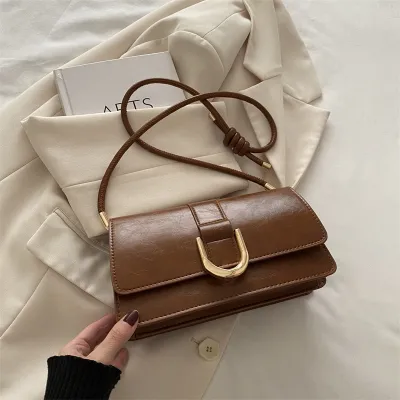 Women Fashion Casual Solid Color PU Shoulder Bag with Magnetic Button
