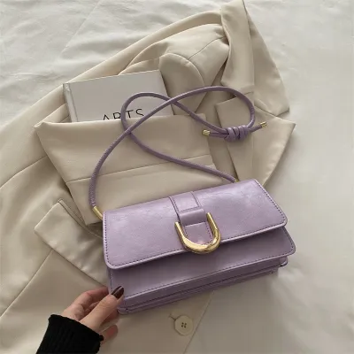 Women Fashion Casual Solid Color PU Shoulder Bag with Magnetic Button