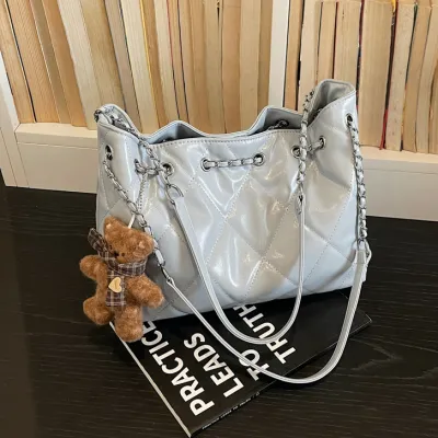 Women Fashion Casual Simple Solid Rhomboid Chain Bucket PU Shoulder Bag