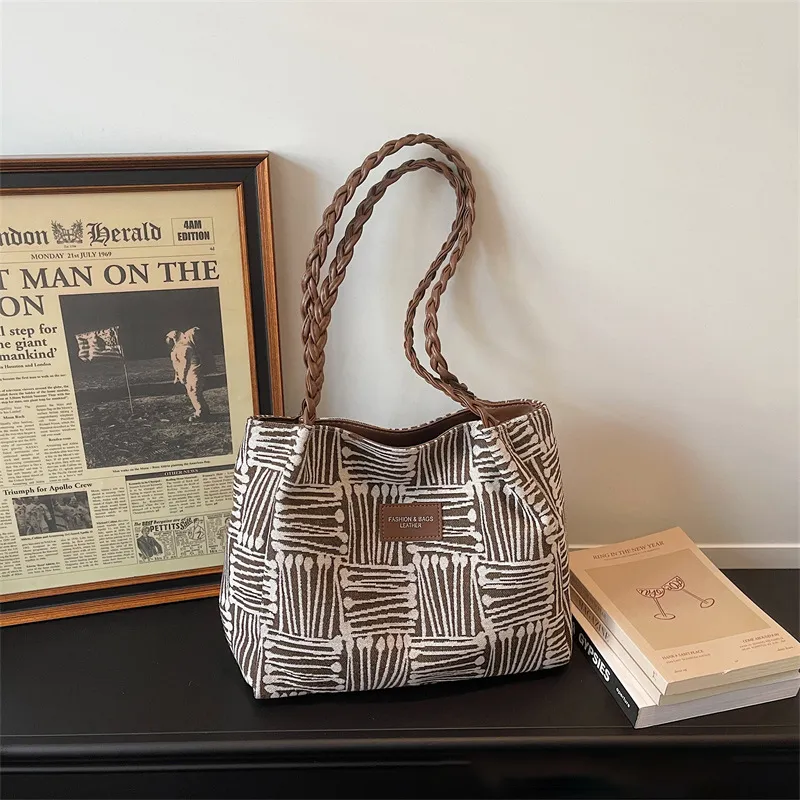 Women Fashion Casual Contrast Color Large Capacity Canvas Shoulder Bag