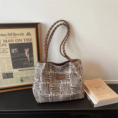 Women Fashion Casual Contrast Color Large Capacity Canvas Shoulder Bag