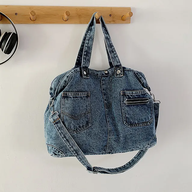 Women Fashion Casual Denim Large Capacity Shoulder Bag with Zipper