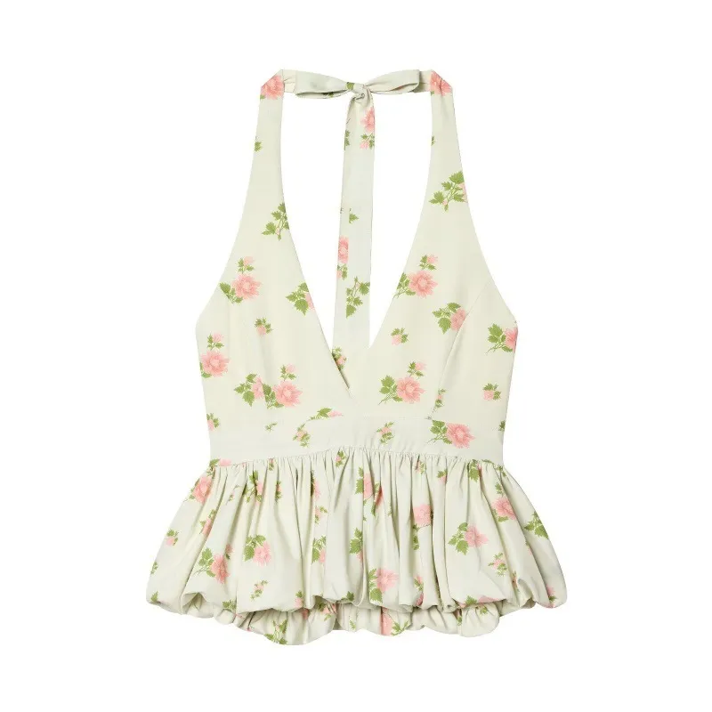 Women Fashion Sexy Printed Halter-Neck Lace-Up Tank Top