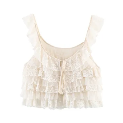 Women Fashion Sexy Solid Color Lace Ruffled Tank Top
