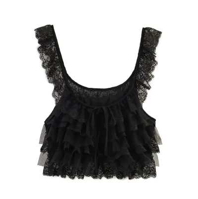 Women Fashion Sexy Solid Color Lace Ruffled Tank Top