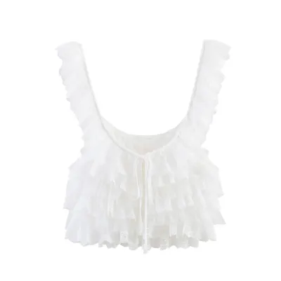 Women Fashion Sexy Solid Color Lace Ruffled Tank Top