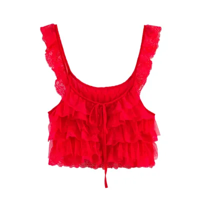 Women Fashion Sexy Solid Color Lace Ruffled Tank Top