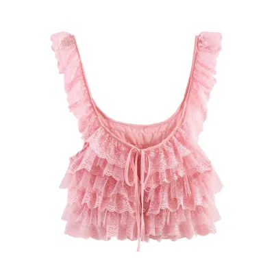 Women Fashion Sexy Solid Color Lace Ruffled Tank Top