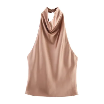 Women Fashion Sexy Summer Solid Color Silk Satin Halter-Neck Tank Top