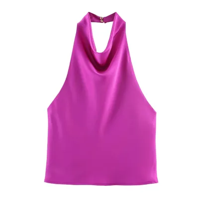 Women Fashion Sexy Summer Solid Color Silk Satin Halter-Neck Tank Top