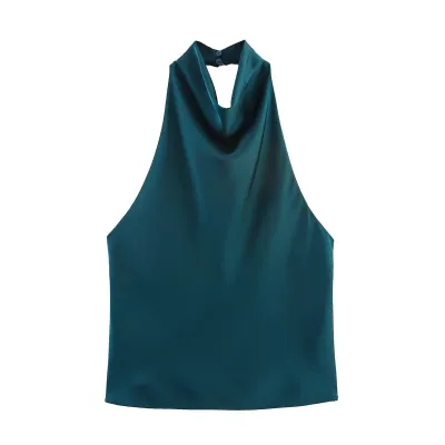 Women Fashion Sexy Summer Solid Color Silk Satin Halter-Neck Tank Top