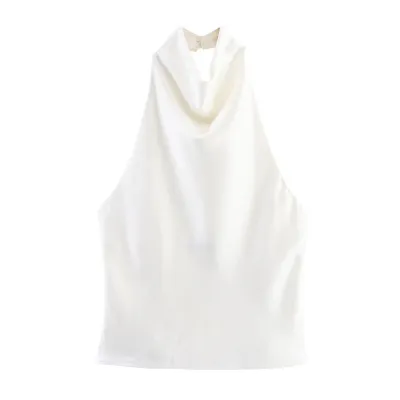 Women Fashion Sexy Summer Solid Color Silk Satin Halter-Neck Tank Top