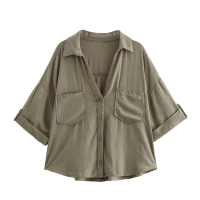 Women Fashion Casual Summer Solid Color Stripe Lapel Short-Sleeve Loose Blouse