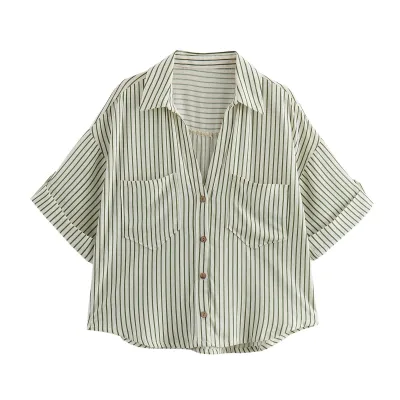 Women Fashion Casual Summer Solid Color Stripe Lapel Short-Sleeve Loose Blouse