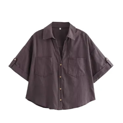 Women Fashion Casual Summer Solid Color Stripe Lapel Short-Sleeve Loose Blouse