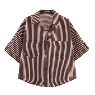 Women Fashion Casual Summer Solid Color Stripe Lapel Short-Sleeve Loose Blouse