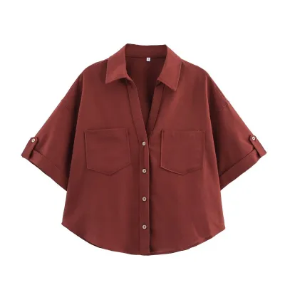 Women Fashion Casual Summer Solid Color Stripe Lapel Short-Sleeve Loose Blouse