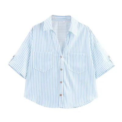 Women Fashion Casual Summer Solid Color Stripe Lapel Short-Sleeve Loose Blouse
