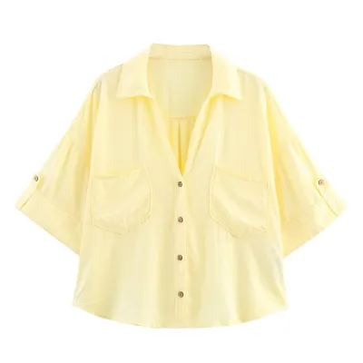 Women Fashion Casual Summer Solid Color Stripe Lapel Short-Sleeve Loose Blouse