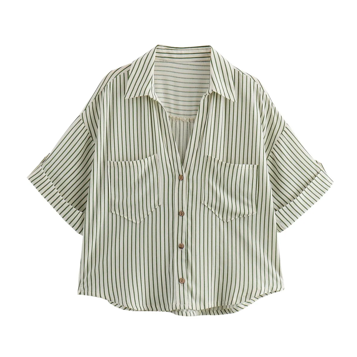 Women Fashion Casual Summer Solid Color Stripe Lapel Short-Sleeve Loose Blouse