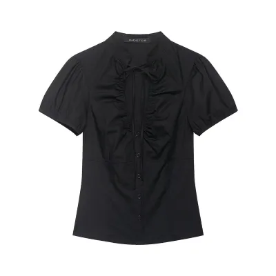 Women Fashion Casual Summer Short-Sleeve Lace-Up Blouse