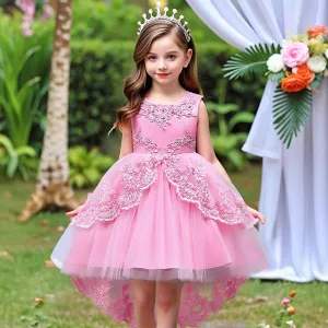 Kids Girls Fashion Elegant Solid Color Lace Embroidered Mesh Flower Sleeveless Party Dress Princess Style