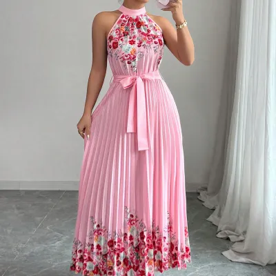 Women Fashion Elegant Summer Flower Printed Halter-Neck Lace-Up Sleeveless Pleated Dress